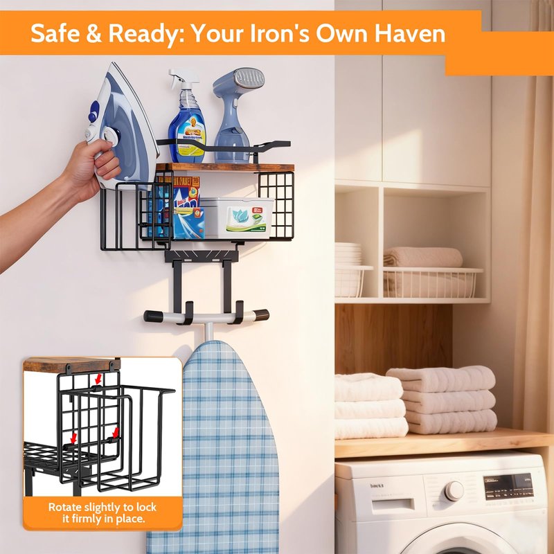 Ironing Board Hanger Wall Mount, 2-Layer T&Y Iron Board Holder with Ironing Caddy, Metal Ironing Board Holder Storage Organizer, Floating Wood Shelf for Laundry Room Decor Accessories Organization