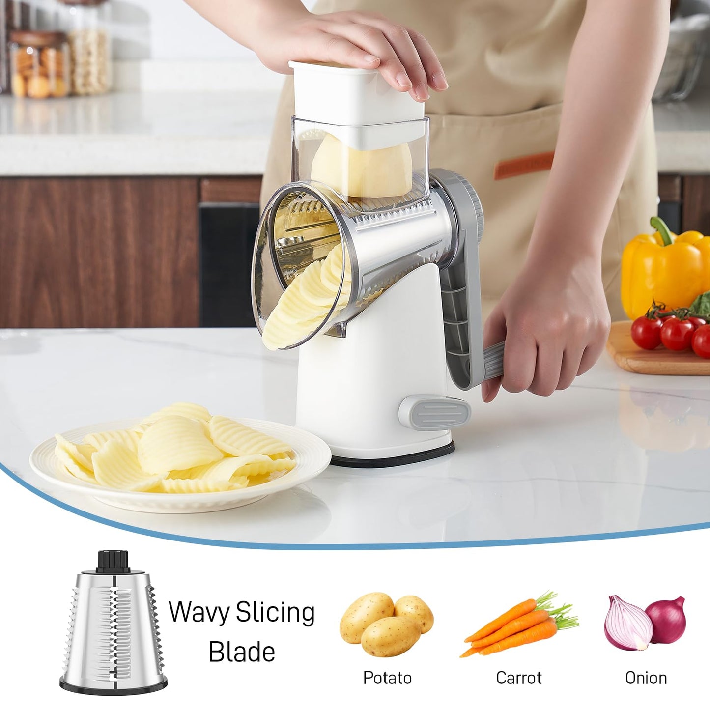VEKAYA Rotary Cheese Grater Hand Crank with 4 Interchangeable Stainless Steel Blades, Large Manual Handle Shredder and Waffle Slicer for Vegetables, Cheese and Nuts with Table Suction Base(White Grey)