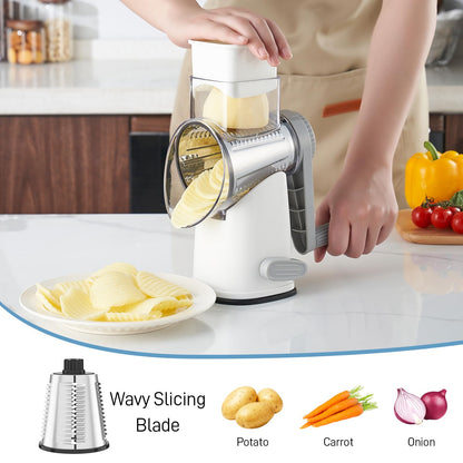VEKAYA Rotary Cheese Grater Hand Crank with 4 Interchangeable Stainless Steel Blades, Large Manual Handle Shredder and Waffle Slicer for Vegetables, Cheese and Nuts with Table Suction Base(White Grey)