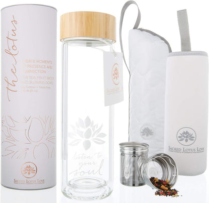 15oz Cozy Sacred Lotus Love Double-Walled Glass Tea Tumbler with Infuser and Strainer - Perfect for Loose Leaf Tea