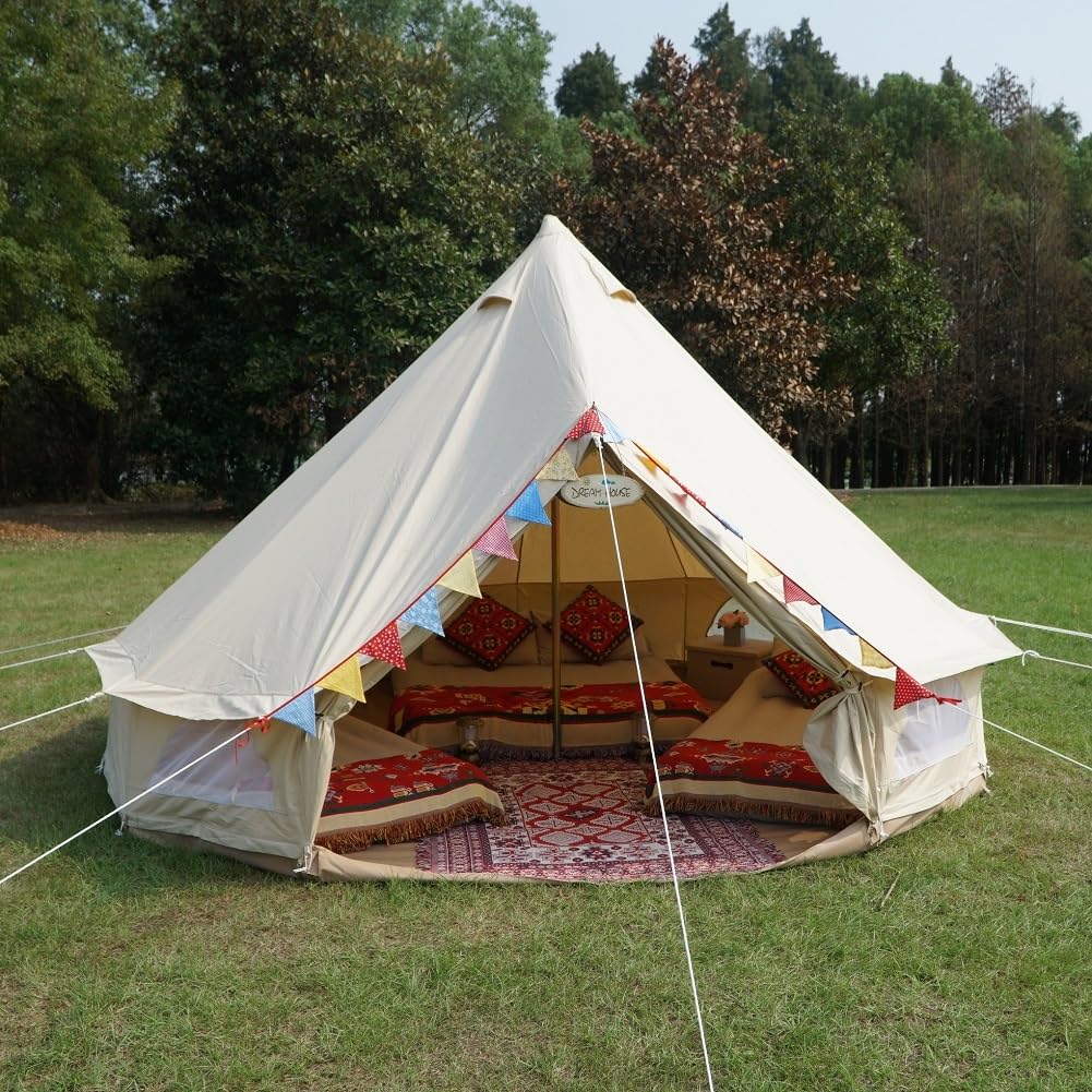 Dream House Outdoor Waterproof Cotton Canvas Family Camping Bell Tent (Beige Cotton Canvas Tent, Diameter 5 Meter)