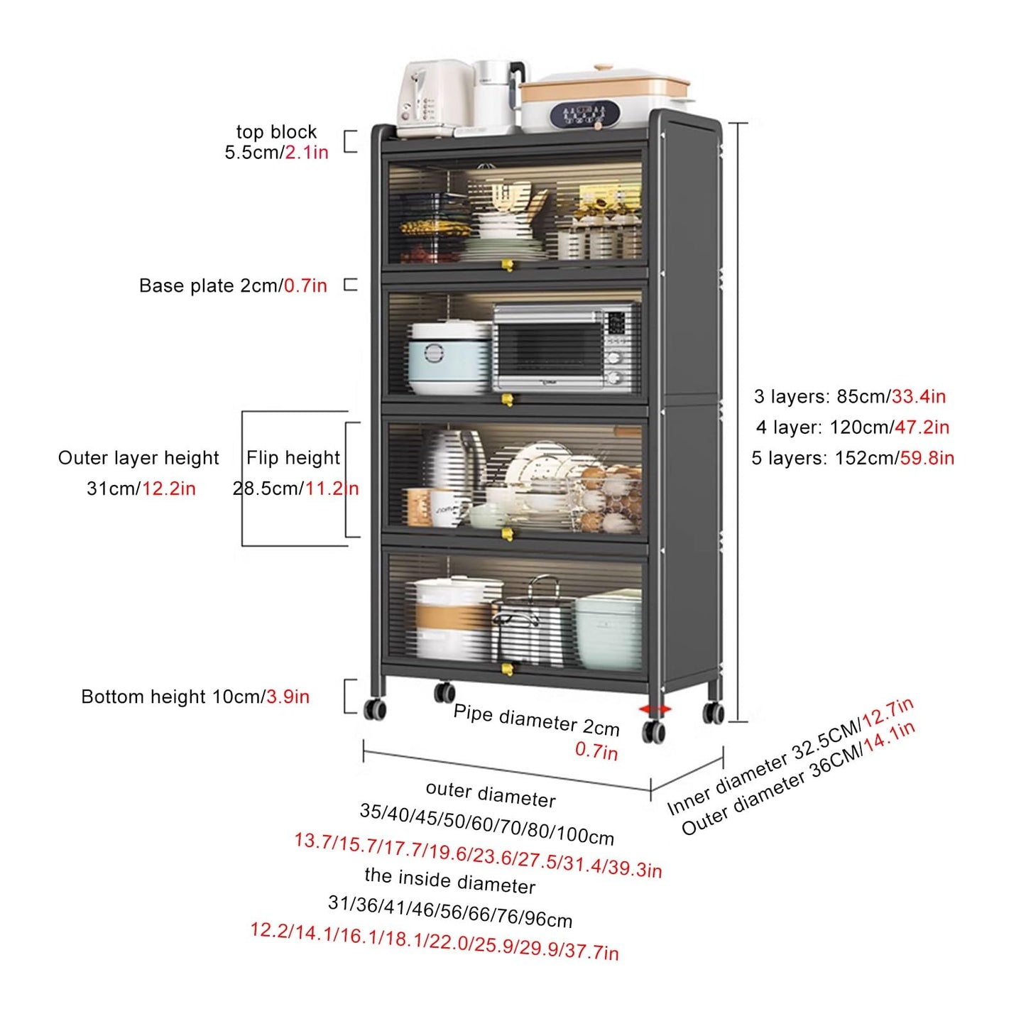NUHSLF Metal Kitchen Storage Cabinet - Rolling Microwave Stand with Drop Down Door, Bakery Rack Nizer for Dining Room & Living Room, Versatile Kitchen Shelf Unit (70X36X85Cm)