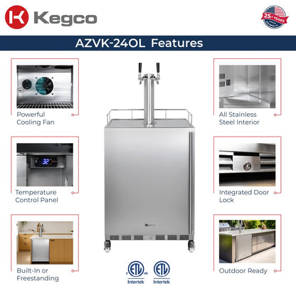 Kegco 24" Wide Outdoor Build-In Dual Tap Stainless Steel Left Hinge Kegerator with Dispense Kit