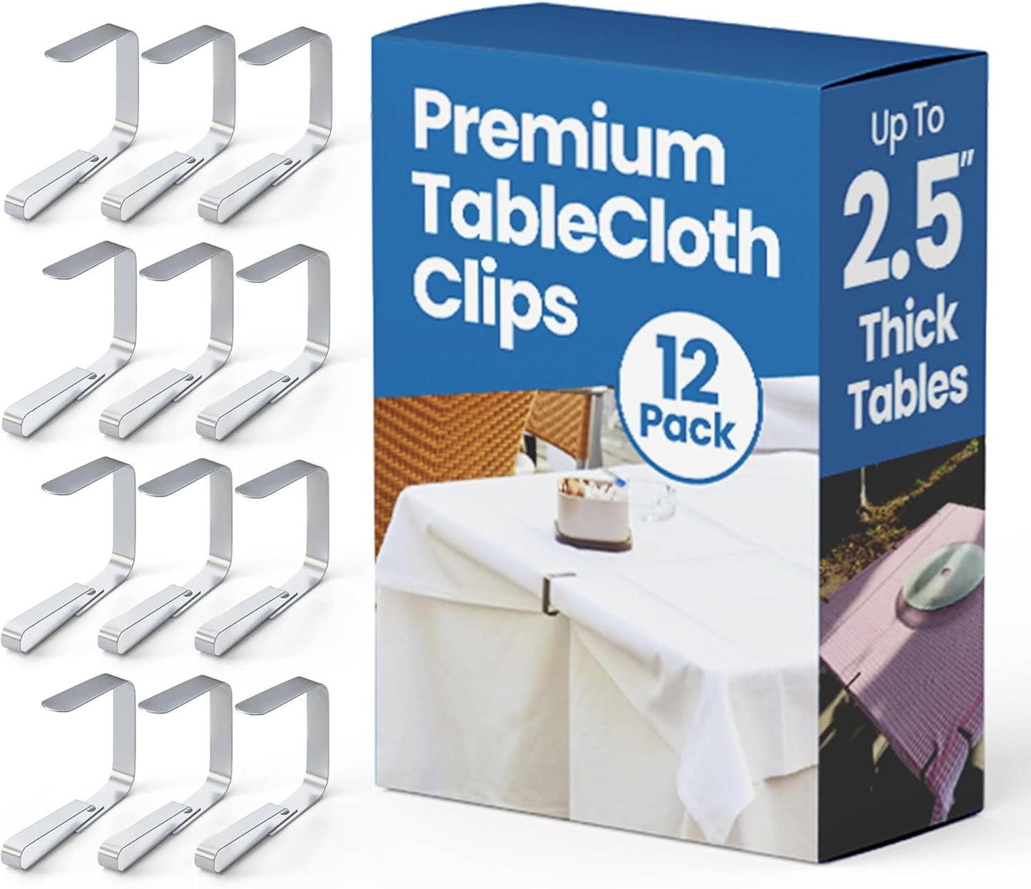 12Pcs 2.5 Picnic Tablecloth Clips for Outdoor Tables - Stainless Steel Large Table Cloth Clip, Fits for Thick Tables