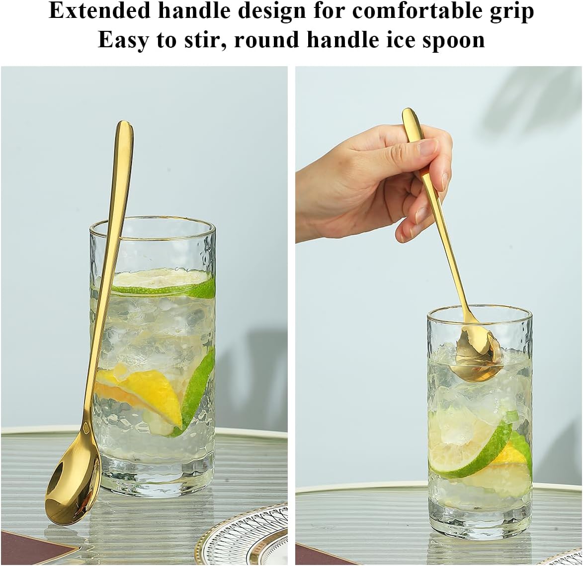 Gold Long Handle Iced Tea Spoons, Set of 12 Pieces, Titanium Plating Gold Stainless Steel Teaspoons, Dishwasher Safe