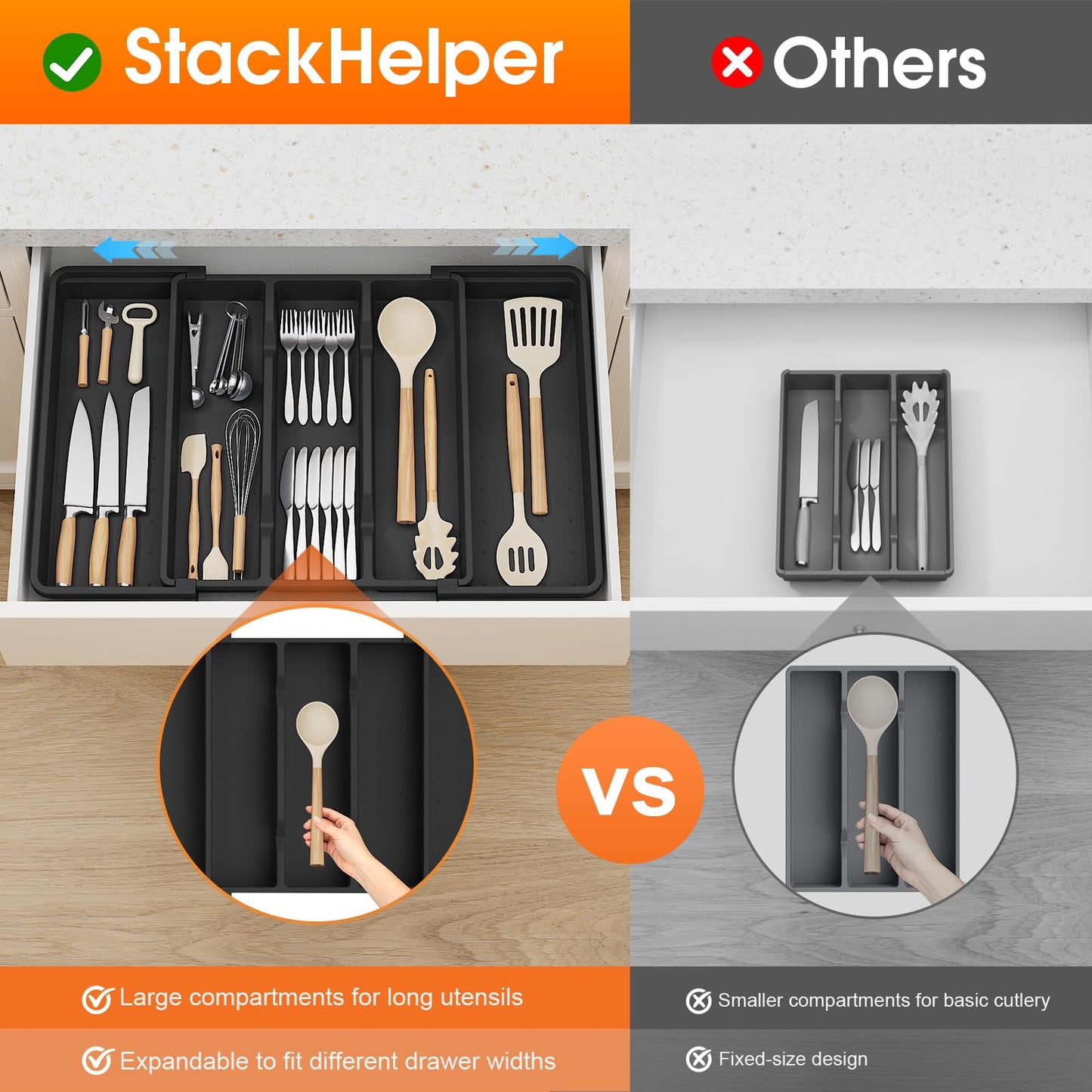 StackHelper Large Silverware Organizer, Expandable Utensil Drawer Organizer for Kitchen Drawers, Kitchen Drawer Organizer for Spoons/Forks/Knives, Multipurpose & BPA Free Cutlery Tray, Black, 1 Pack