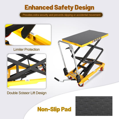 KAFLLA Double Scissor Hydraulic Lift Table Cart with Foldable Handle, 330 lbs Capacity, 11"–50" Lifting Range Manual Hydraulic Lift Cart with Anti-Slip Platform & 4 Wheels for Material Handling
