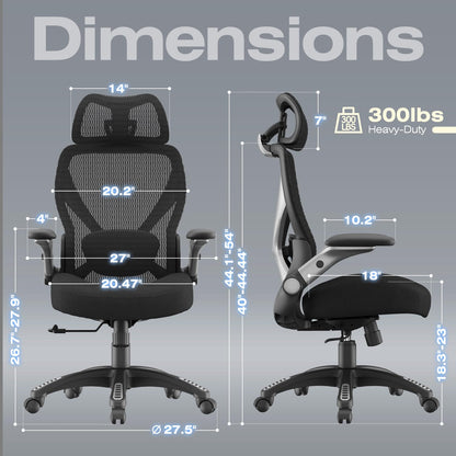ELABEST X100 Ergonomic Mesh Office Chair, Big and Tall Hone Desk Chair with 5D Flip-Up Arms, Adjustable 3D Lumbar Support,Gaming & Executive Computer Chairs for Long Hours, Padded Seat