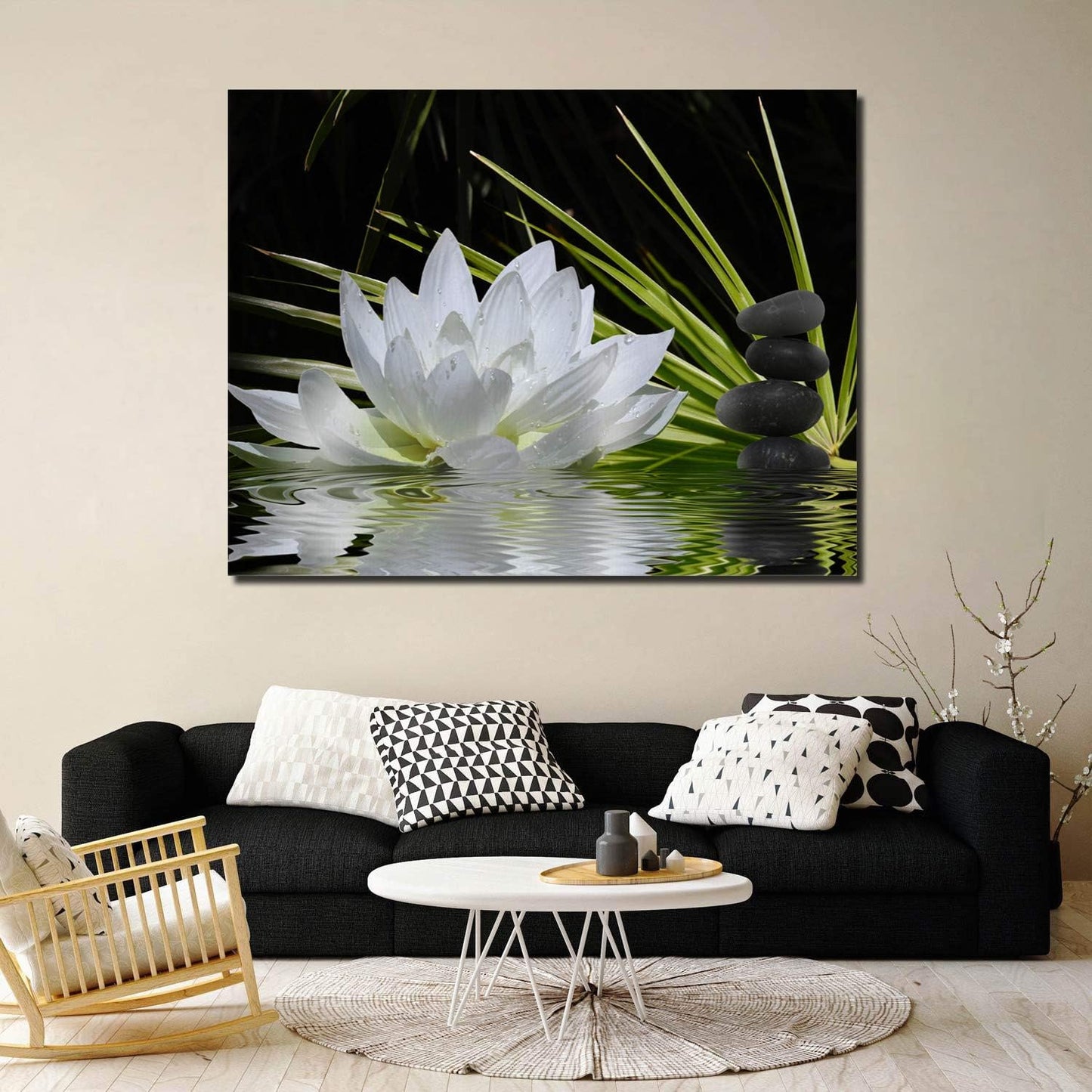 Canvas Wall Art - White Lotus and Black Zen Stones Picture, Modern Wall Decor, 12" x 16"