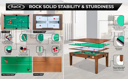 RACK Luxor 7.5-Foot 4-in-1 Multi-Game Swivel Billiard/Pool Table (Green Felt Without Bench) – Pool Table, Table Tennis, Air Hockey & Dining Table – Portable Multi Game Table for Adults & Kids