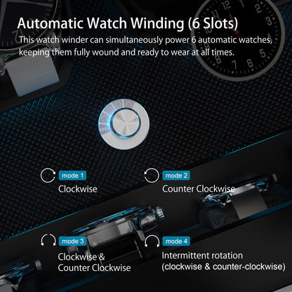 XTELARY Watch Winder for 6 Automatic Watches, Blue Lockable Automatic Winders with Extra 6 Watch Storages, 4 Rotation Modes, Flexible Watch Pillows, Quiet Mabuchi Motor, and Blue Backlight