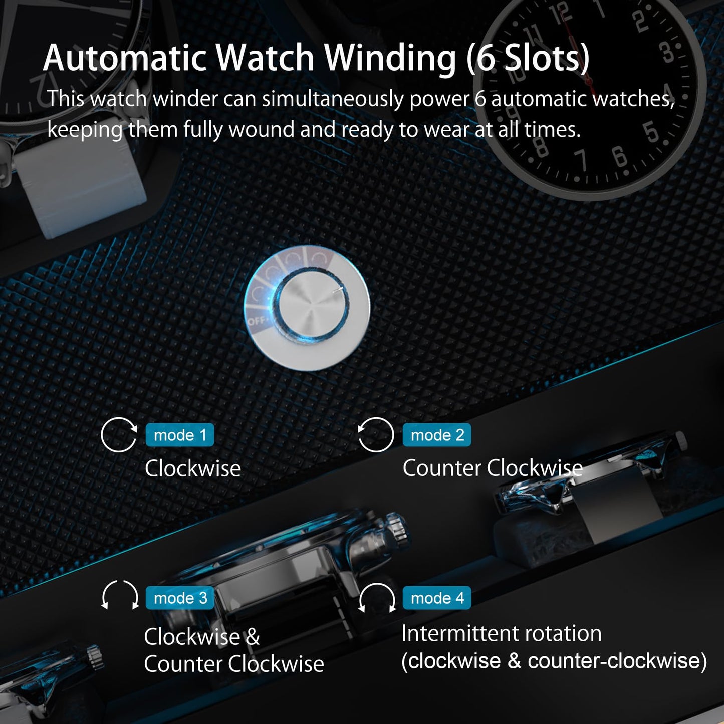 XTELARY Watch Winder for 6 Automatic Watches, Grey Lockable Automatic Winders with Extra 6 Watch Storages, 4 Rotation Modes, Flexible Watch Pillows, Quiet Mabuchi Motor, and Blue Backlight