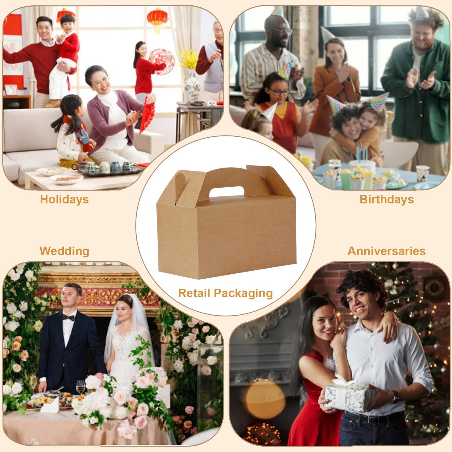 Grevo Brown Cardstock Gable Box with Handle, 12Pcs, 9.45"x5"x5" Durable & Sturdy Treat Boxes for Wedding, Baby Shower, Kids Birthday, Party Favor, Holidays Gifts