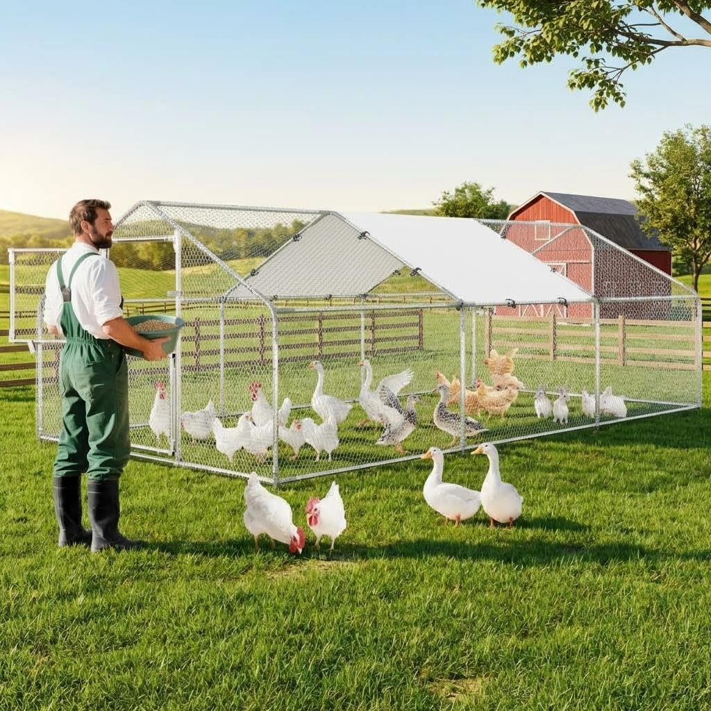 Large Metal Chicken Coop, 9.8' W x 19.7' L x 6.6' H Walk-in Poultry Cage, Chicken Run Pen House with Waterproof & Anti-Ultraviolet Cover & Lockable Doors for Outdoor