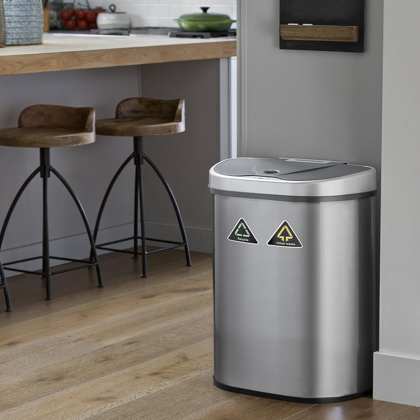 Ninestars DZT-70-11R Automatic Touchless Motion Sensor Semi-Round Trash Can/Recycler, 18.5 Gal. 70 L., Stainless Steel