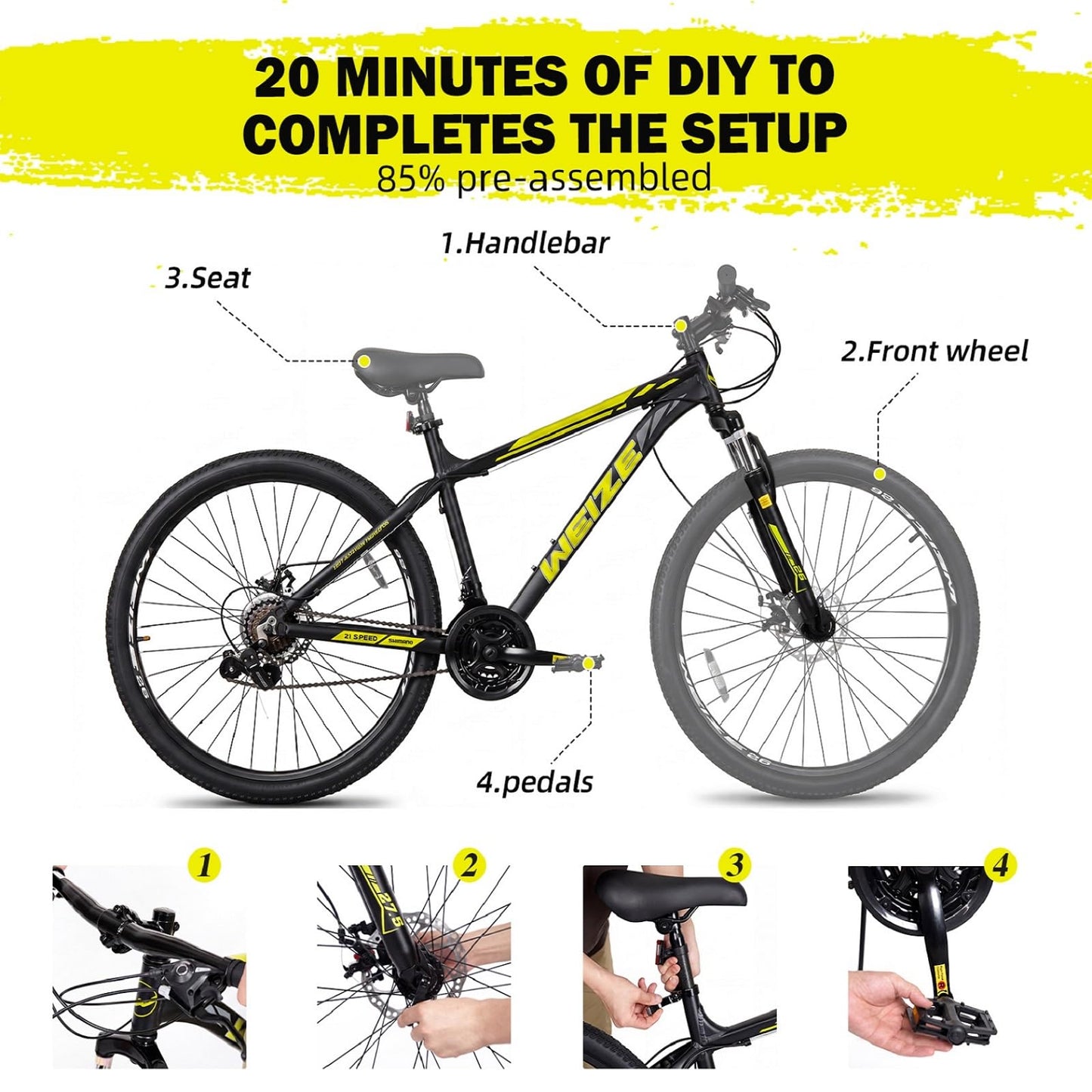 WEIZE Mountain Bike, 26/27.5-Inch Adult Bike, 21-Speed Rear Disc Brake, Lightweight Aluminum Frame for Men and Women, Comfort Saddle for Outdoor Trail Riding,Black