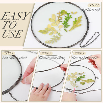 Qunclay 4 Pcs Double Glass Frame for Pressed Flowers Round Hanging Herbarium Floating Flower Press Frame Clear DIY Vintage Artwork Display holder(4 Inch,Black)