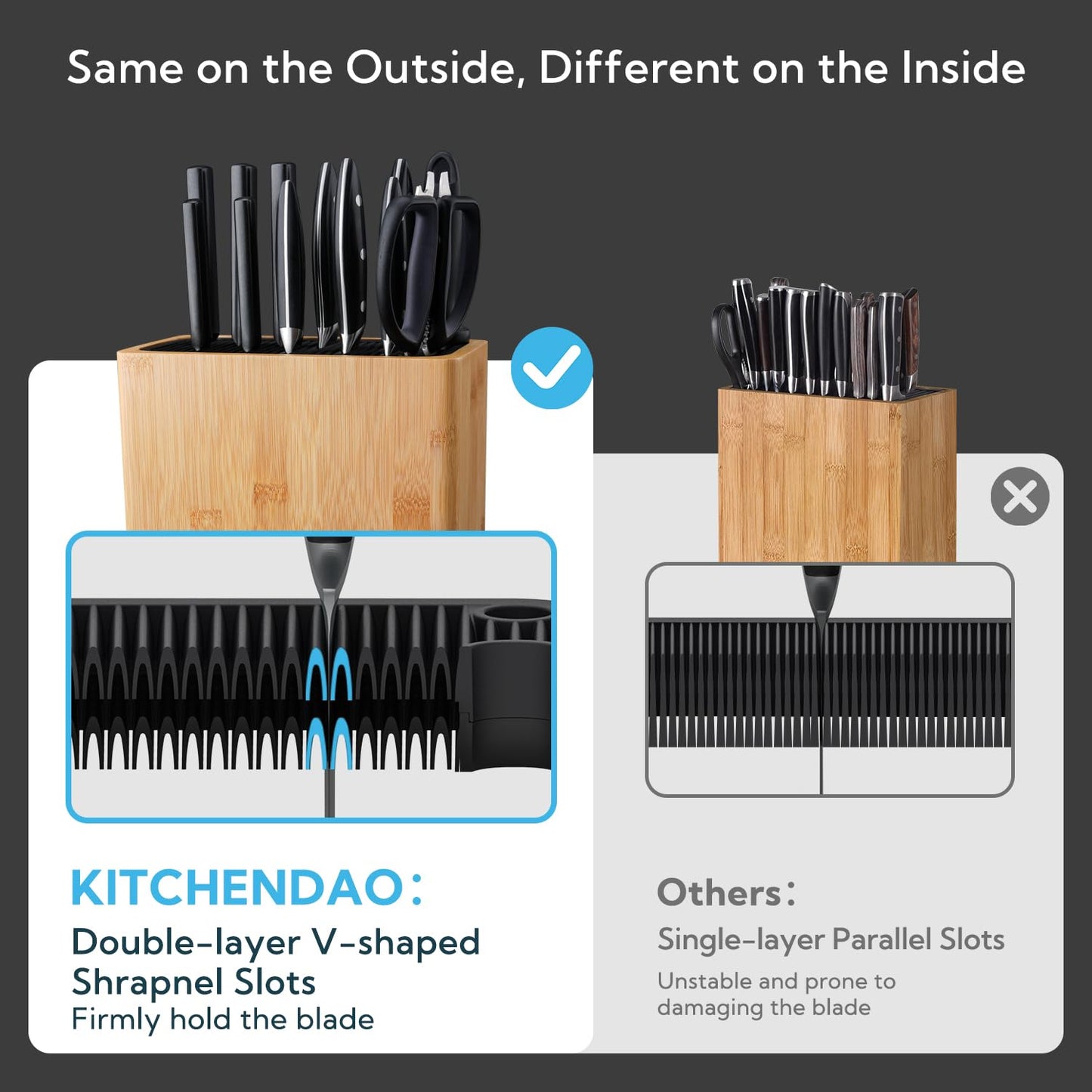 KITCHENDAO XL Bamboo Universal Knife Block Holder with Slots for Scissors and Sharpening Rod, Safe, Space Saver Knives Storage Stand Display without Knives, Unique Slot Design to Protect Blade