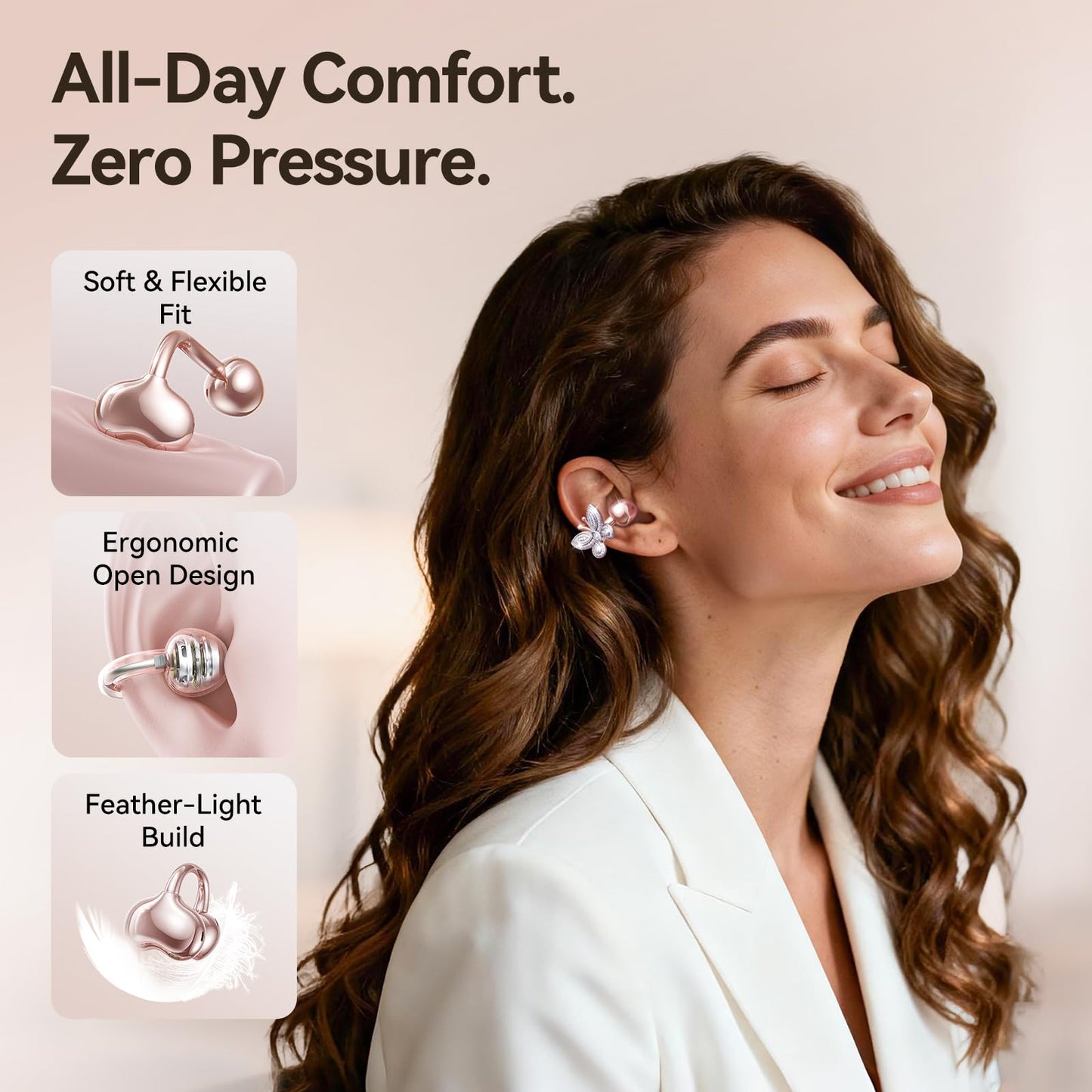 Kinglucky ClipFree Open-Ear Headphones with Butterfly Earrings, Ultra-Comfort & Snug Fit Clip On Earbuds, 50H Playtime Bluetooth 6.0 Wireless Headphones for Women Sports,Glasses Gifts (Rose Gold)