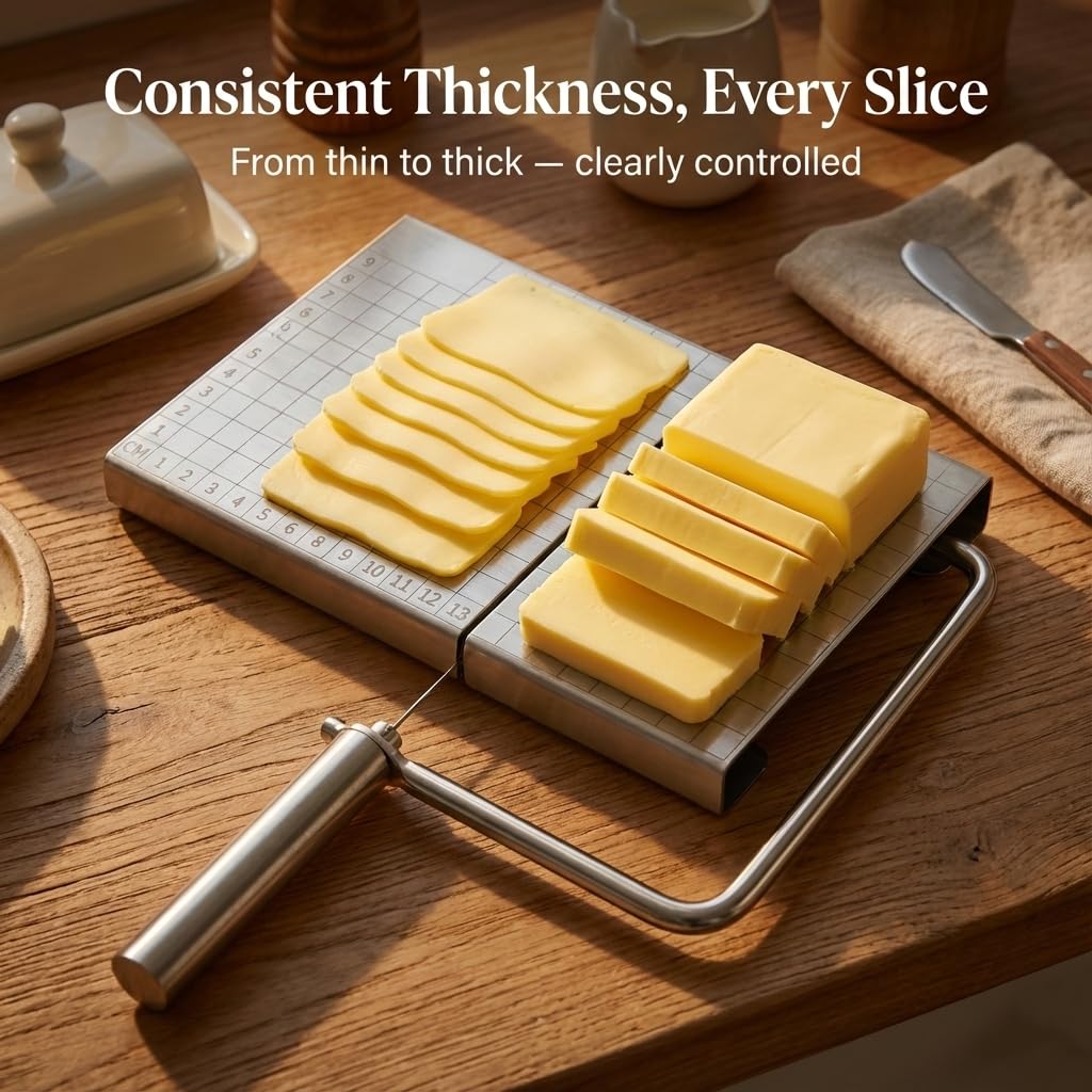 Cheese Slicer Board with Wire, Stainless Steel Cheese Cutter with Measuring Grid, Adjustable Thickness for Cheese & Butter, Includes 5 Replacement Wires