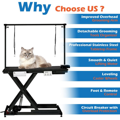 50 Inch Dog Grooming Table, Electric Hydraulic Pet Grooming Table, Dog Grooming Station with Aluminium Overhead Arm, Anti Slip Tabletop, 6 USB Ports, Height Adjustable, 300 LBS Capacity, Black