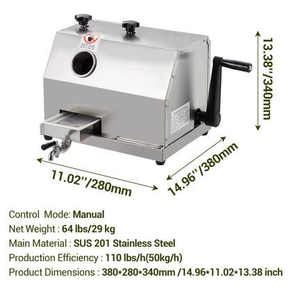 2.4 in Large Inlet Manual Sugar Cane Juicer with 110 LBS/h High Output - Commercial Sugar Cane Press with Stainless Steel 3 Rollers - Sugarcane Juicer for Commercial Use