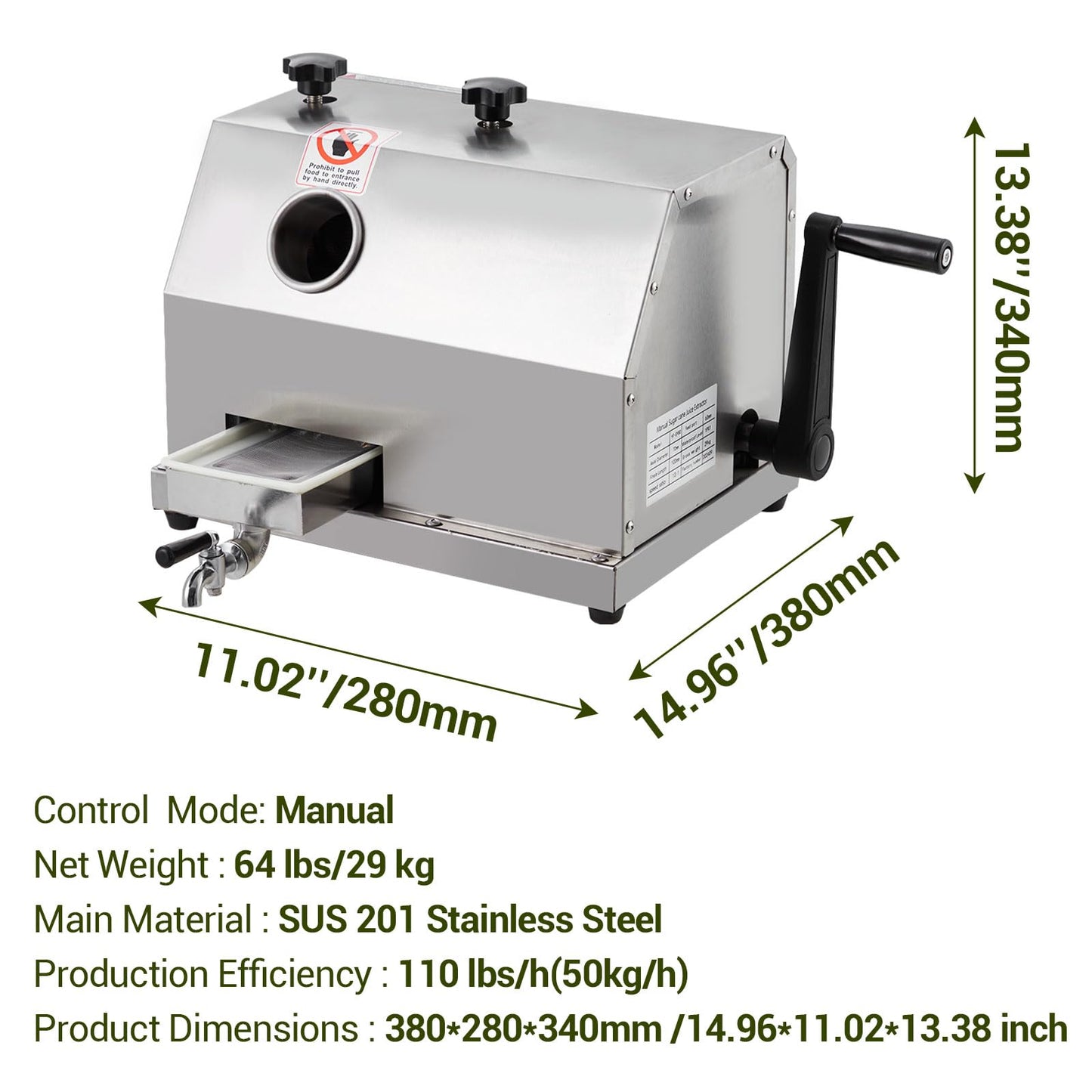 Commercial Grade Manual Sugar Cane Juicer with Stainless Steel 3-Rollers,2.4" Large Inlet, 110 LBS/Hour High Output Sugarcane Press Machine for Juice Bars, Restaurants & Home Use, Durable