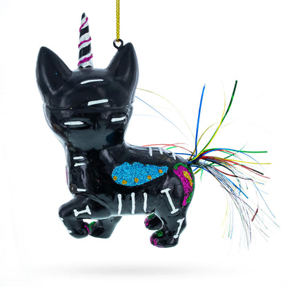 Spooky Halloween Cat Skeleton Glass Christmas Ornament