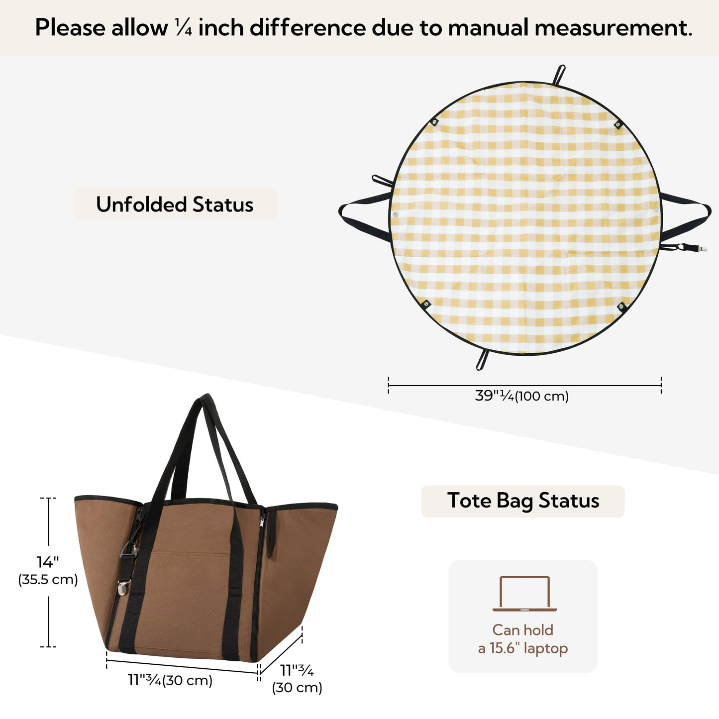 GRANNY SAYS 2-in-1 39¼”D Brown Waterproof Picnic Blankets & Tote Bag, Medium Picnic Mat for Camping, Grass, and Park, Foldable 3-Layer Outdoor Blanket, Sand-Free Beach Blanket with 1 Clip and 4 Stakes