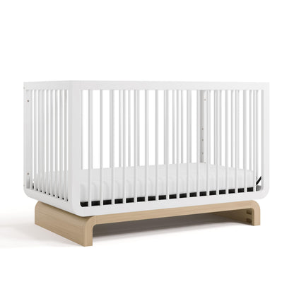 Storkcraft Santorini 5-in-1 Convertible Crib with Toddler Guardrail – GREENGUARD Gold Certified, Conversion Kit Included, 100% Solid Wood, Fits Standard Crib Mattress (White and Driftwood)
