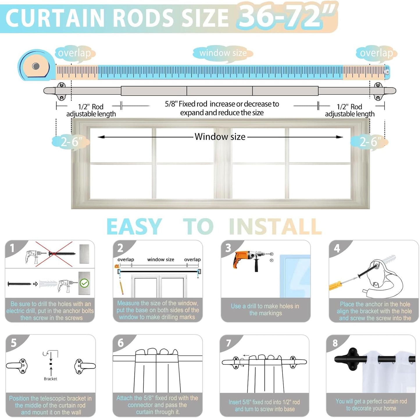Wrap Around Curtain Rods, Black Adjustable Curtain Rods 36 to 72 Inch for Room Darkening Windows