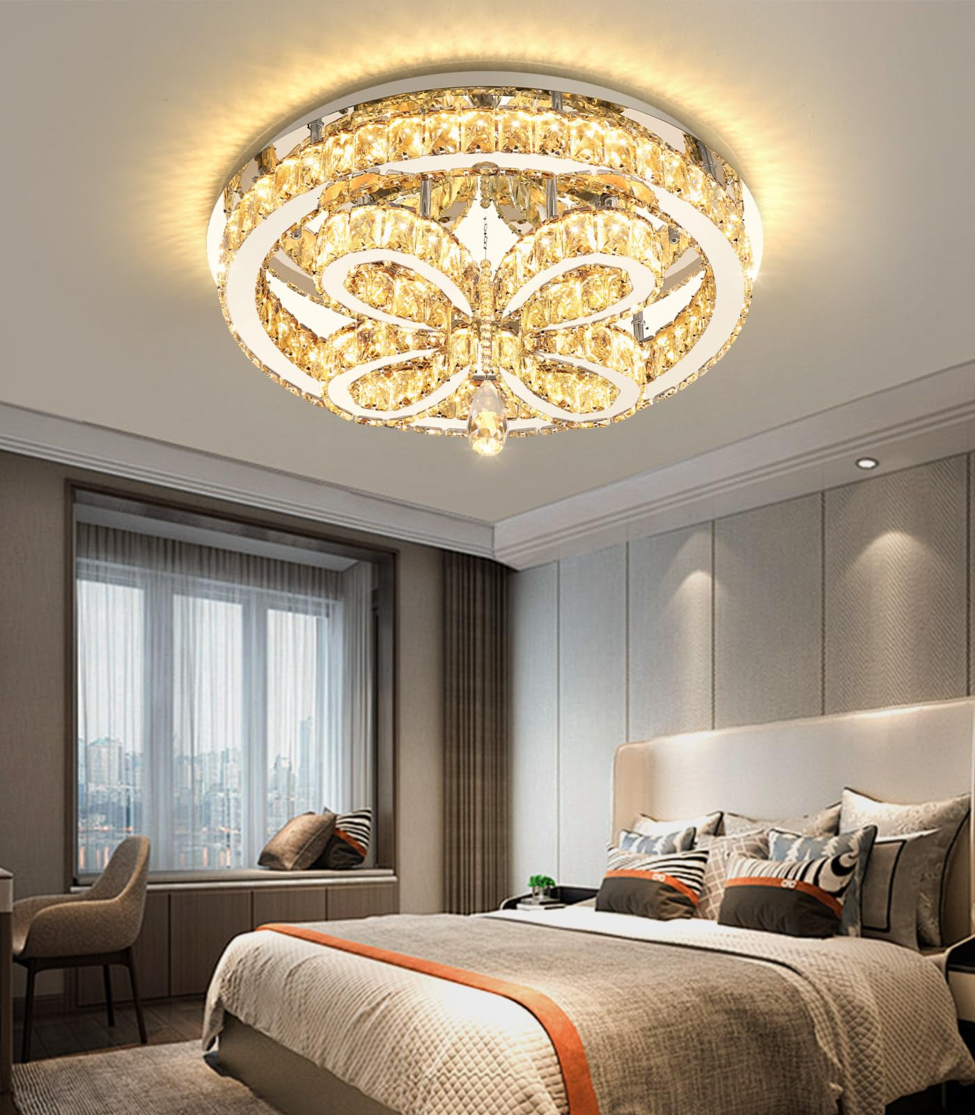 dolria Modern Crystal Chandelier LED 2-Tier Flush Mount Ceiling Lighting Dimmable Pendant Light for Living Room Bedroom Dining Room Entryway Hallway