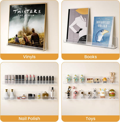 12 inch Album etc.6 Pack Laurensory Vinyl Record Shelf Wall Mount, Clear Acrylic Record Holder Display, Floating