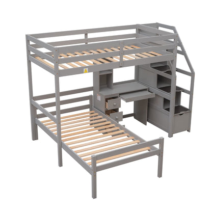 Jintop Twin Size Solid Wood Loft Bed with Storage Staircase and Desk, Bedroom Multifunctional Separable Bed Frame w/Shelves & Drawers,No Box Spring Needed,for Adult Kid Boy Girl,Gray