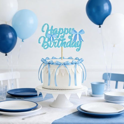 11 Pcs Blue Bow Cake Toppers, Happy Birthday Sign, 10Pcs Ribbion Bow Cupcake Toppers for Blue Bow Birthday Decorations, Baby Shower, Bridal Shower, Graduation Party