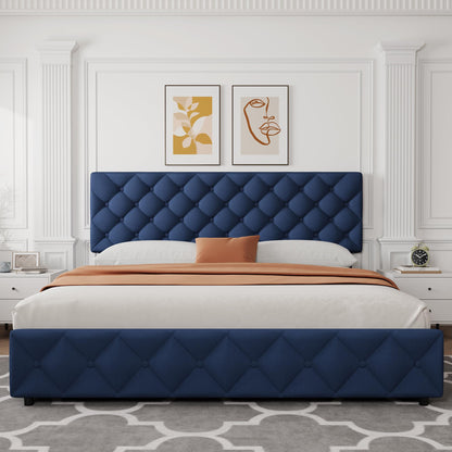 King Size Bed Frame with 4 Storage Drawers, Linen Upholstered Platform Bed Frame with Headboard and Footboard, Wooden Slats Support, Diamond Stitched Button Tufted, No Box Spring Needed, Blue
