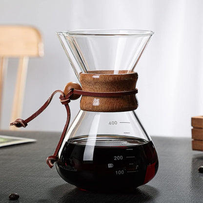 TOPINCN Double Layer Filter V Spout Wooden Sleeve Pour Over Coffee Maker 400ml Capacity, Clear Scale Glass Material