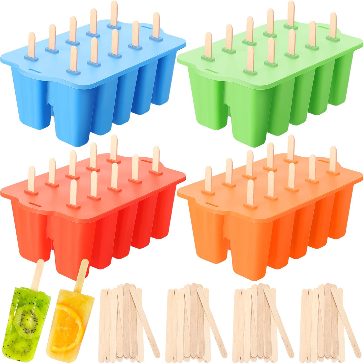 Hoolerry 4 Set Silicone Ice Lolly Molds, Reusable Ice Cream Molds with 200 Wooden Sticks, Easy Release Pop Maker, Frozen Treat Mold for Homemade, Red, Blue, Green, Orange(10 Cavities)