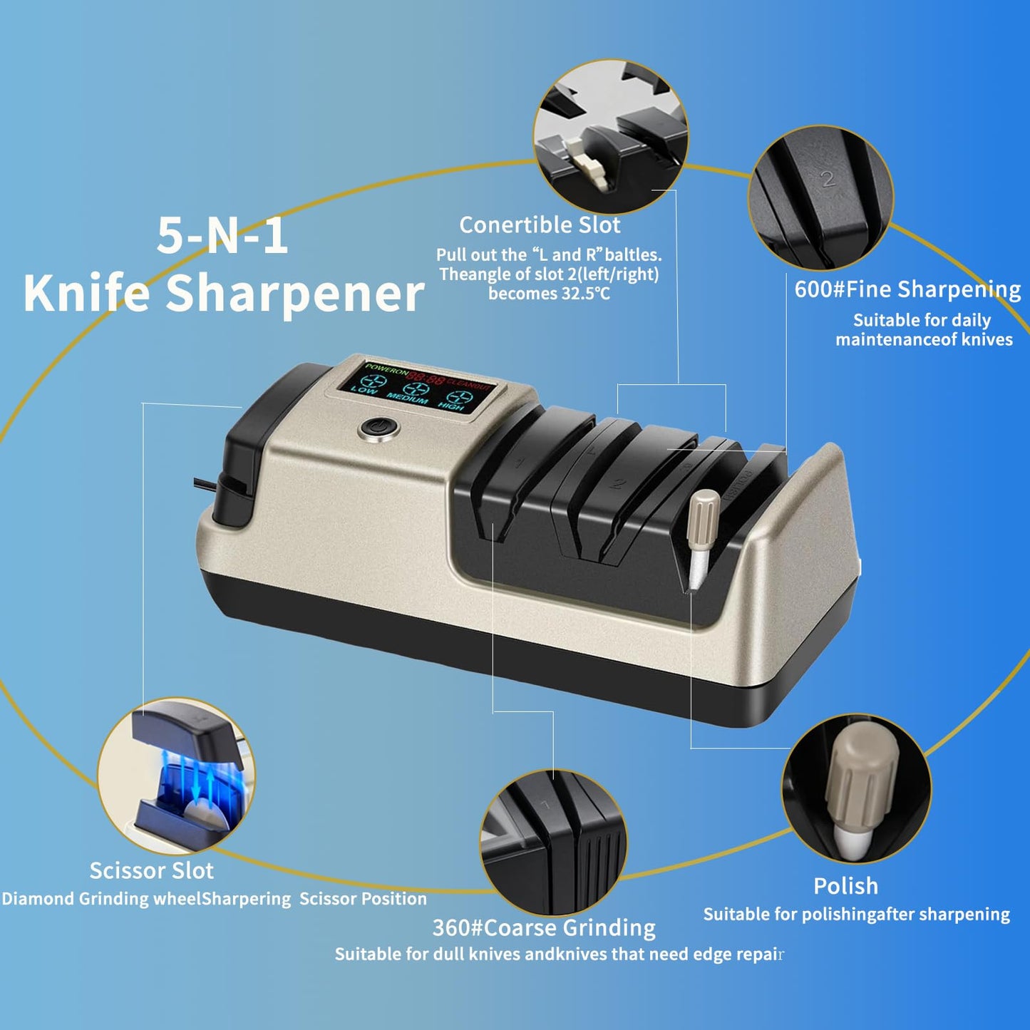 5-in-1 Electric Knife Sharpener for Kitchen Knives, Scissor Sharpener with 3-Speed & 100% Diamond Abrasives -Quickly Sharpening for Straight,Serrated,Cleaver Knives Mothers Day Kitchen Gifts for Mom