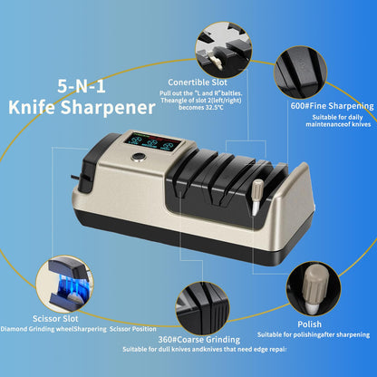 5-in-1 Electric Knife Sharpener for Kitchen Knives, Scissor Sharpener with 3-Speed & 100% Diamond Abrasives -Quickly Sharpening for Straight,Serrated,Cleaver Knives Mothers Day Kitchen Gifts for Mom