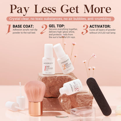 AZUREBEAUTY Dip Powder Nail Kit Starter, All Season Skin Tone Nude Brown 4 Colors Acrylic Dip Powder Liquid Set with Base/Top Coat Activator for French Nail Art Manicure DIY Salon Gifts