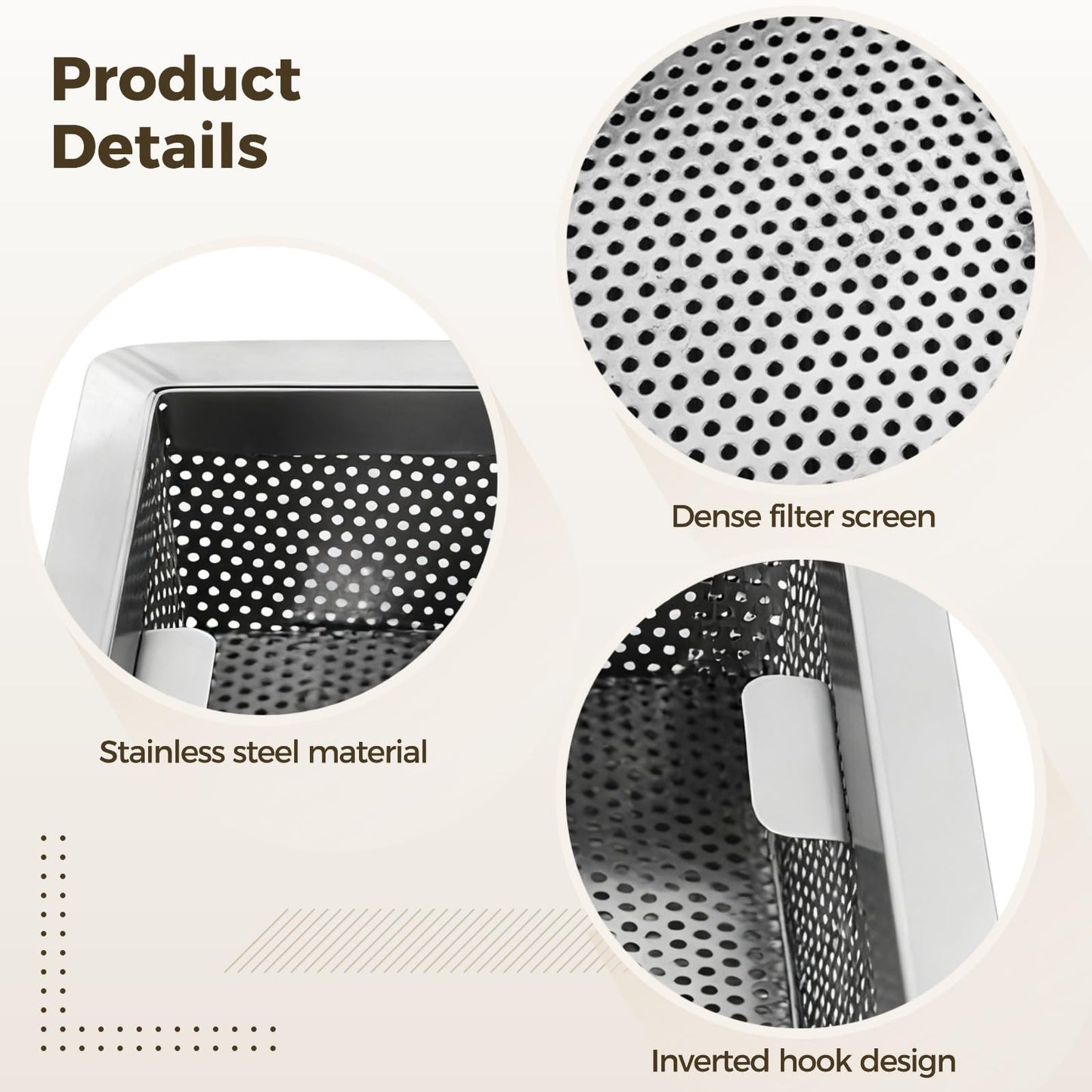 Stainless Steel Floor Drain Strainer, 8.7 x 8.7 x 3.1 in, Large Capacity, Anti-Clog, Kitchen Sink Drain Cover, Easy to Clean, Long-lasting, for Kitchen, Bathroom, Balcony