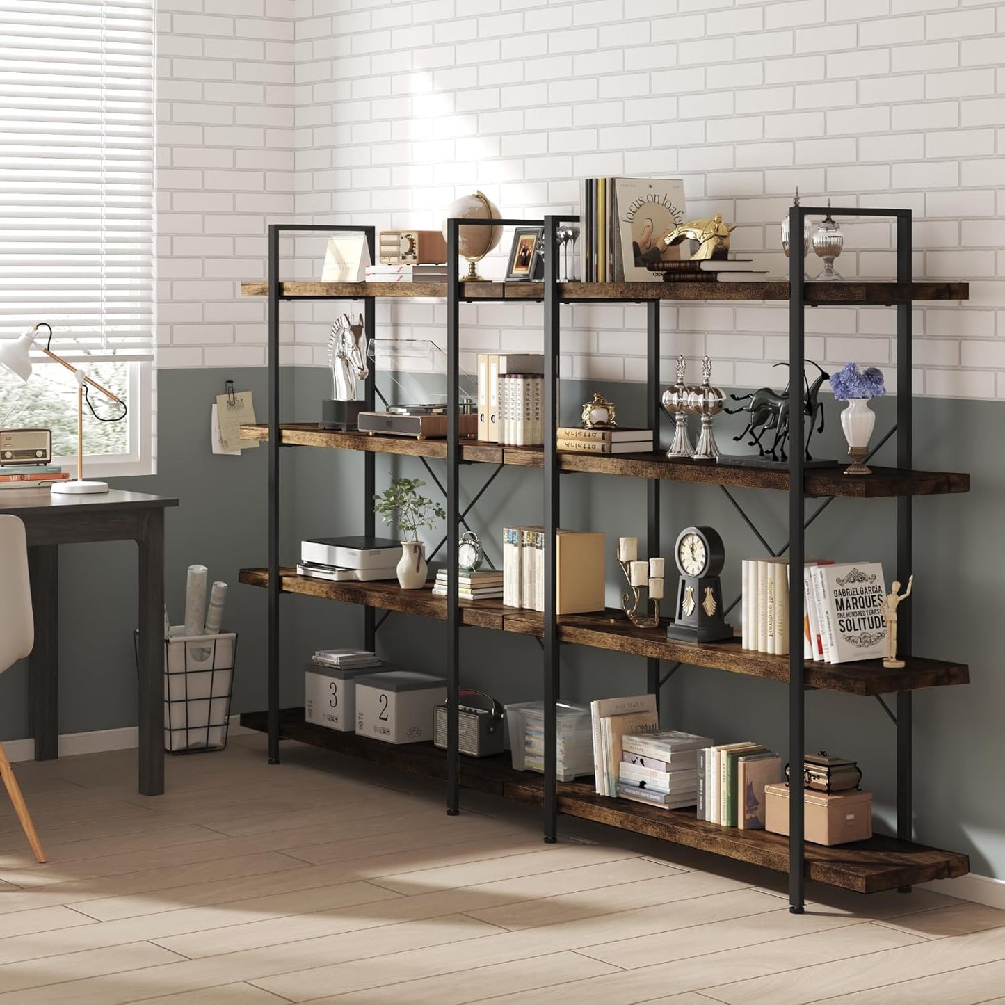 OtterOasis Bookshelf Set, Heavy Duty 4-Tier Industrial Bookcase, 47" Wide Wood Bookshelf for Home Office, 120lbs Shelf Capacity, Rustic Open Display with Horizontal Shelf for Living Room Bedroom