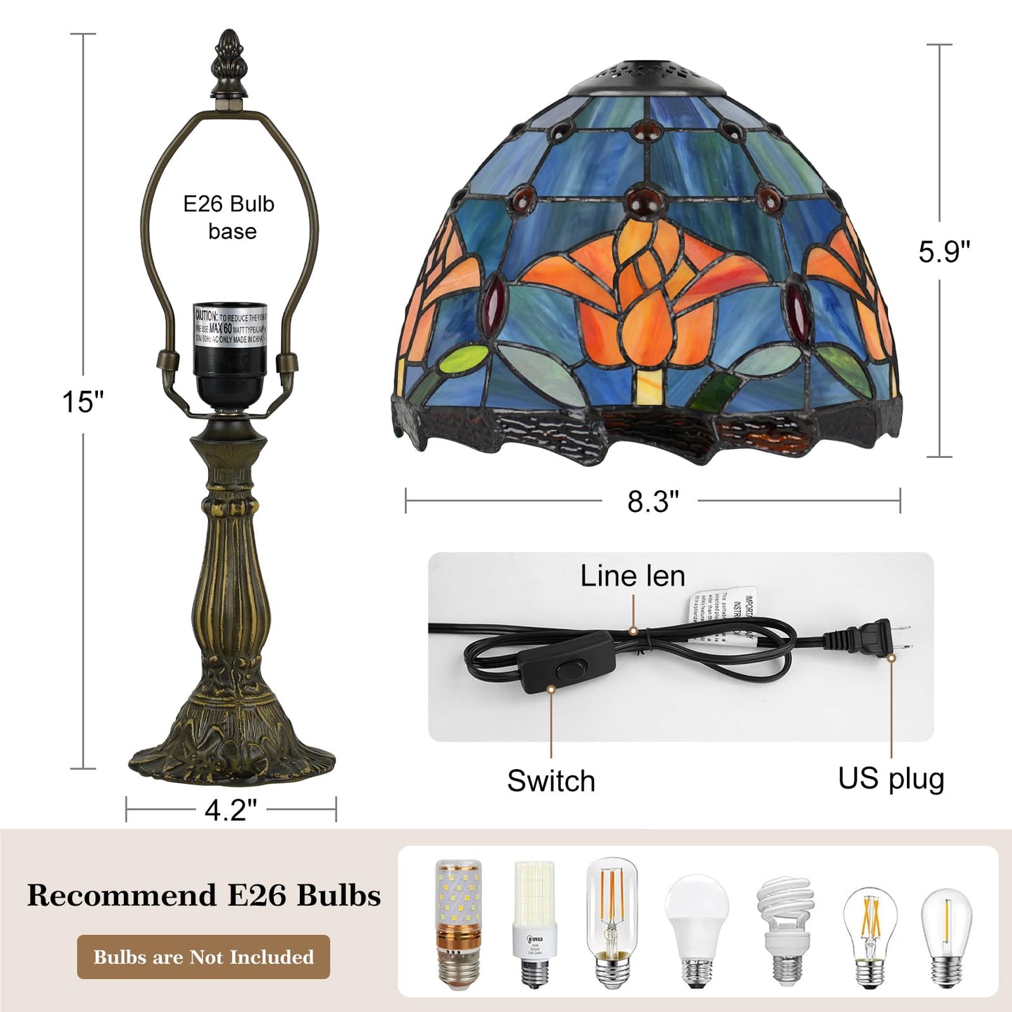 MOAN Small Lamp Stained Glass Table Lamp 8X14.5 Inch Bedside Reading Light Antique Light Desk Lamp(Rose Style)