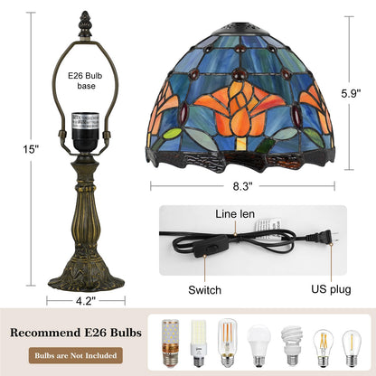 MOAN Small Lamp Stained Glass Table Lamp 8X14.5 Inch Bedside Reading Light Antique Light Desk Lamp(Rose Style)