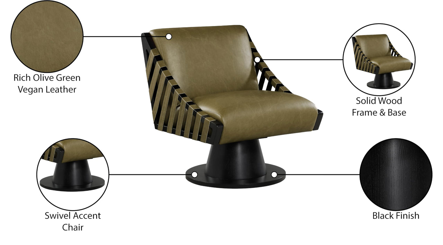 Meridian Furniture 33002Olive Millwin Collection Art Deco Swivel Accent Chair with Rich Olive Green Vegan Leather, Black Finish, Solid Wood Frame and Base, 28" W x 30" D x 32.5" H, Olive