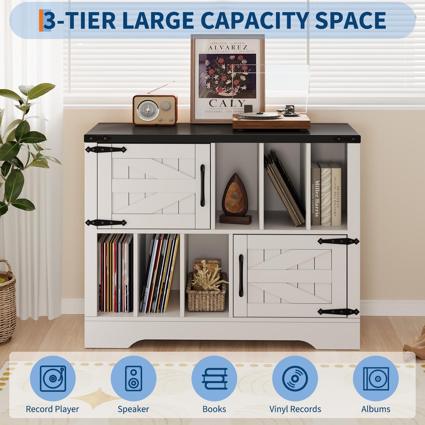 Vinyl Record Storage Cabinet, 39" Large Turntable Stand with Barn Doors, White Mid Century Modern Record Player Table with Display Shelf Rack for Albums Books Media Stereo Audio Home Living Room