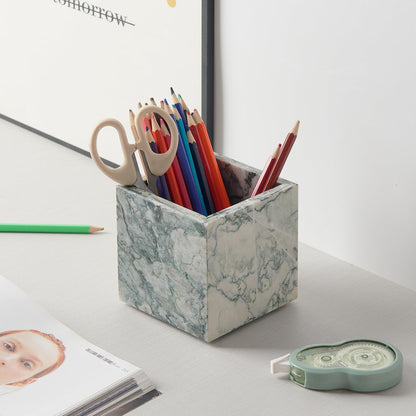 Real Luxurious Natural Marble Toothbrush Holder & Makeup Brush Organizer & Pen Holder for Desk,3.93inch Square Marble Utensil Holder Non-Ceramic/Non-Resin （Cyan Green）