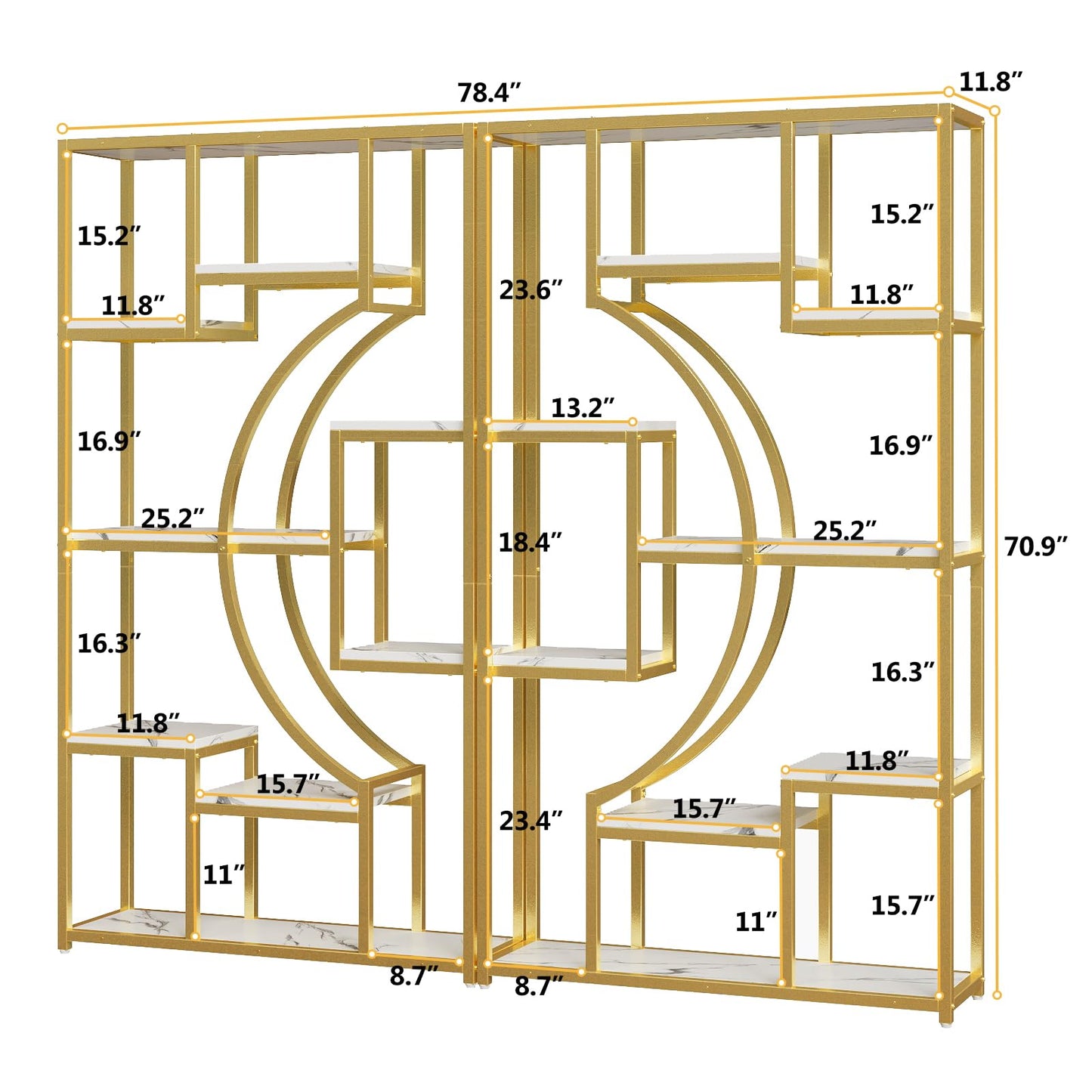 HolliWill Modern Book Shelf, White and Gold Bookshelf, 70.8 Inch Tall Etagere Bookcase, Set of 2 Geometric Display Shelves for Living Room, Bookcases/Bookshelf with Metal Frame for Home Office