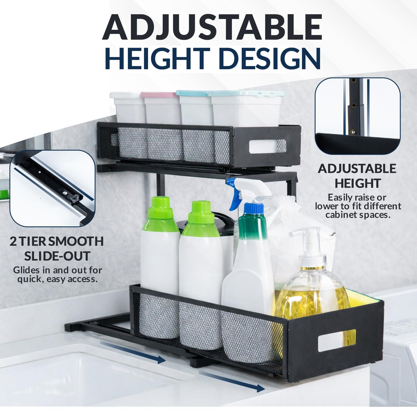 JMGLife Under Sink Organizer Set of 2, Heavy Duty Matte Black Metal Cabinet Organizer with Retractable Shelves, Adjustable Height, Expandable Storage for Kitchen Bathroom and Laundry Room